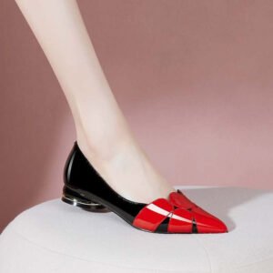 Red thick heel flat soft leather women's shoes