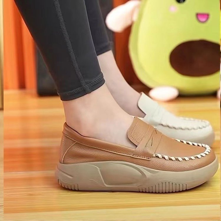 Slip-on Casual Leather Shoes Platform Round Toe - Image 2
